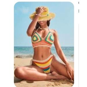 JCL Boho Hippie Bohemian Crochet Bikini Fringe White Turquoise Blue Yellow ML